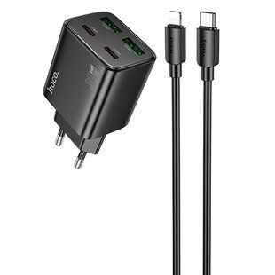 СЗУ Hoco N56 Fundador PD30W+QC3.0 (2USB-A/2C) + кабель Type-C to Lightning Black