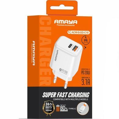 СЗУ Amaya E43D PD20W (1USB-A/1C) + кабель USB to Type-C White