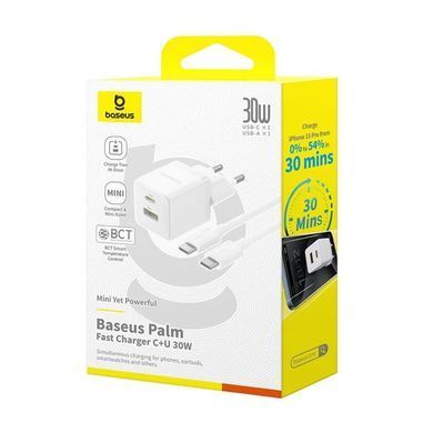 СЗУ Baseus Palm Fast Charger PD30W+QC3.0 (1USB-A/1C) + кабель Type-C to Type-C (P1011160A) Moon White