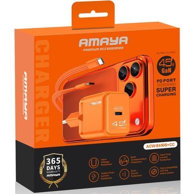 СЗУ Amaya E450S PD45W GaN (1USB-C) + кабель Type-C to Type-C Orange