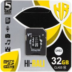Карта пам'яті Hi-Rali microSDXC (UHS-3) 32 GB Card Class 10 з адаптером Чорний
