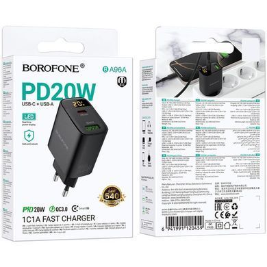 СЗУ Borofone BA96A Ilustre with digital display PD20W+QC3.0 (1USB-A/1C) Black
