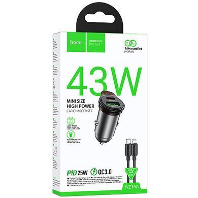 АЗУ Hoco NZ16A Rigorous 43W (1USB-A/1C) + кабель Type-C to Lightning Metal grey