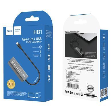 Переходник HUB Hoco HB1 USB to USB 2.0 (4 port) (1m) Серый
