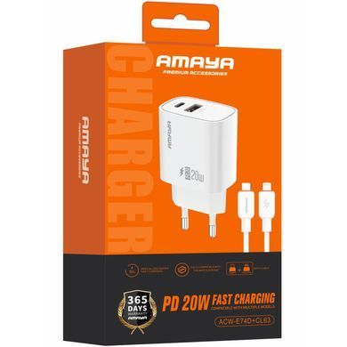 МЗП Amaya E74D PD20W+QC3.0 (1USB-A/1C) + кабель Type-C to Lightning White