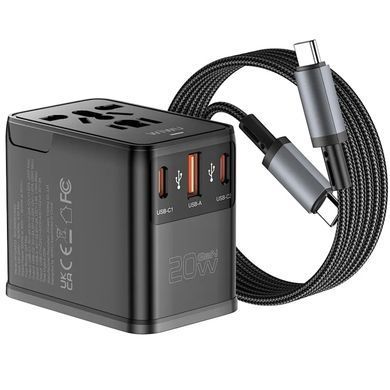 Мережевий універсальний перехідник WIWU UA013 20W GaN + 1USB-A/2C with retractable cable Type-C Black