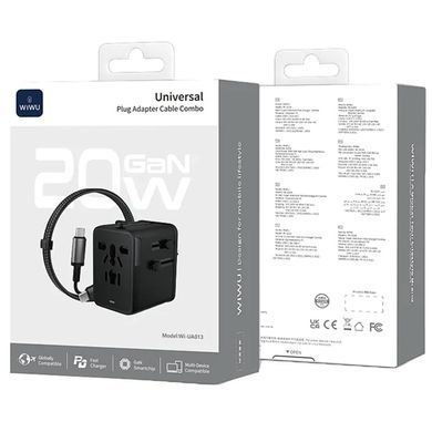 Мережевий універсальний перехідник WIWU UA013 20W GaN + 1USB-A/2C with retractable cable Type-C Black