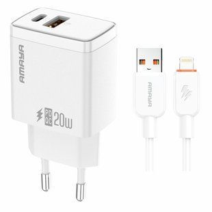 СЗУ Amaya E67D PD20W+QC3.0 (1USB-A/1C) + кабель USB to Lightning White