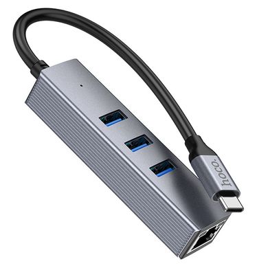 Переходник HUB Hoco HB34 Easy link Type-C Gigabit network adapter (Type-C to USB3.0*3+RJ45) Metal gray