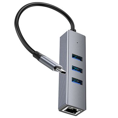 Перехідник HUB Hoco HB34 Easy link Type-C Gigabit network adapter (Type-C to USB3.0*3+RJ45) Metal gray