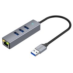 Переходник HUB Hoco HB34 Easy link USB Gigabit Ethernet adapter (USB to USB3.0*3+RJ45) Metal gray