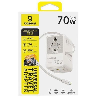 Мережевий універсальний перехідник Baseus CG11 70W with retractable cable (2USB-A/3C/1Socket) (E0307E) Off-White