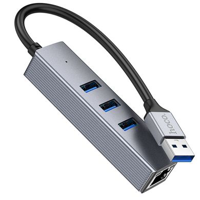 Переходник HUB Hoco HB34 Easy link USB Gigabit Ethernet adapter (USB to USB3.0*3+RJ45) Metal gray