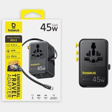 Сетевой универсальный переходник Baseus AG11 45W with retractable cable (2USB-A/1C/1Socket) (E0307F) Cosmic Black